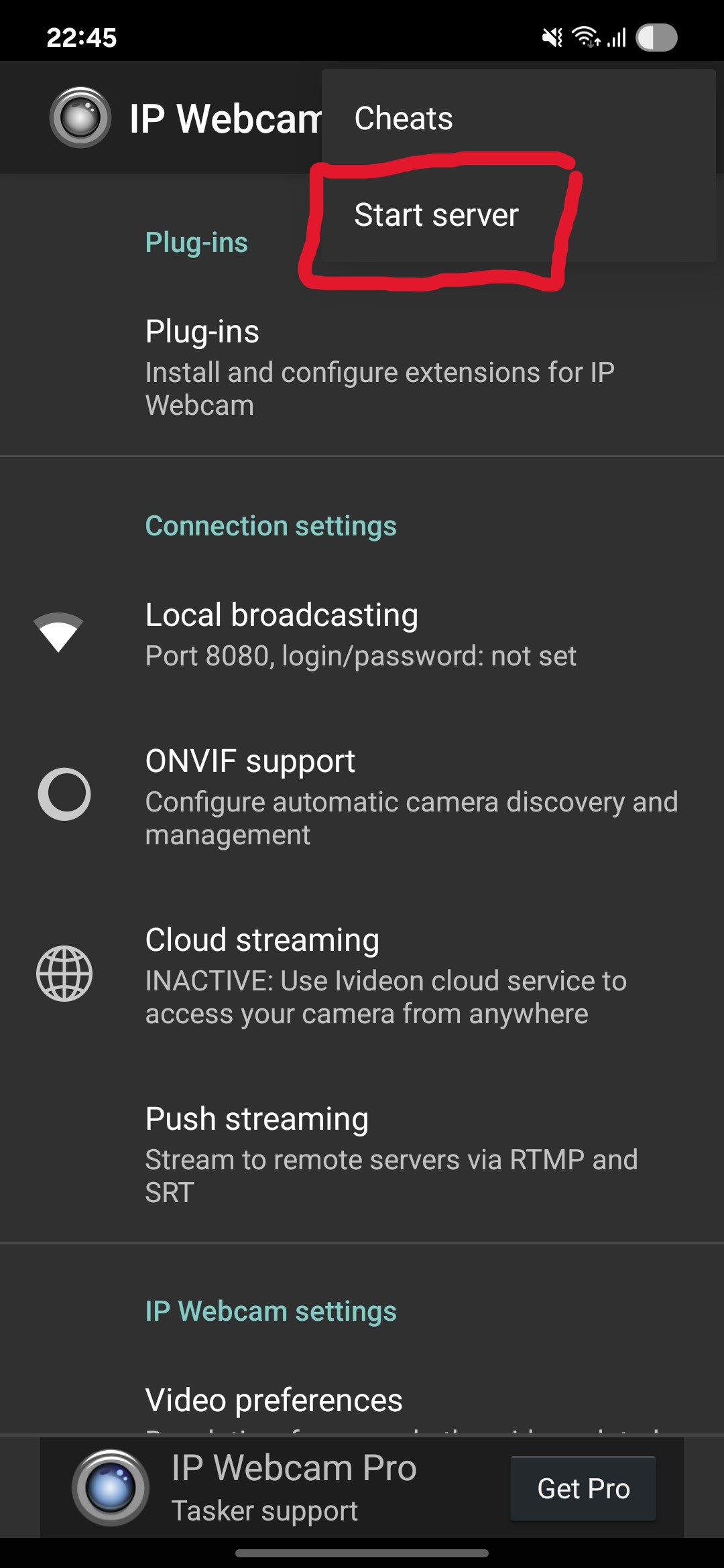 IP Webcam app main screen